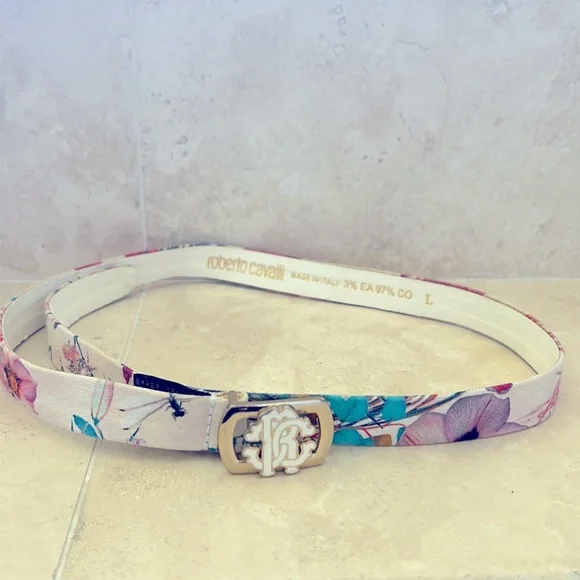 Authentic Roberto Cavalli leather and fabric floral skinny belt with logo, sz L Authentic Roberto Cavalli leather and fabric floral skinny  main image 3